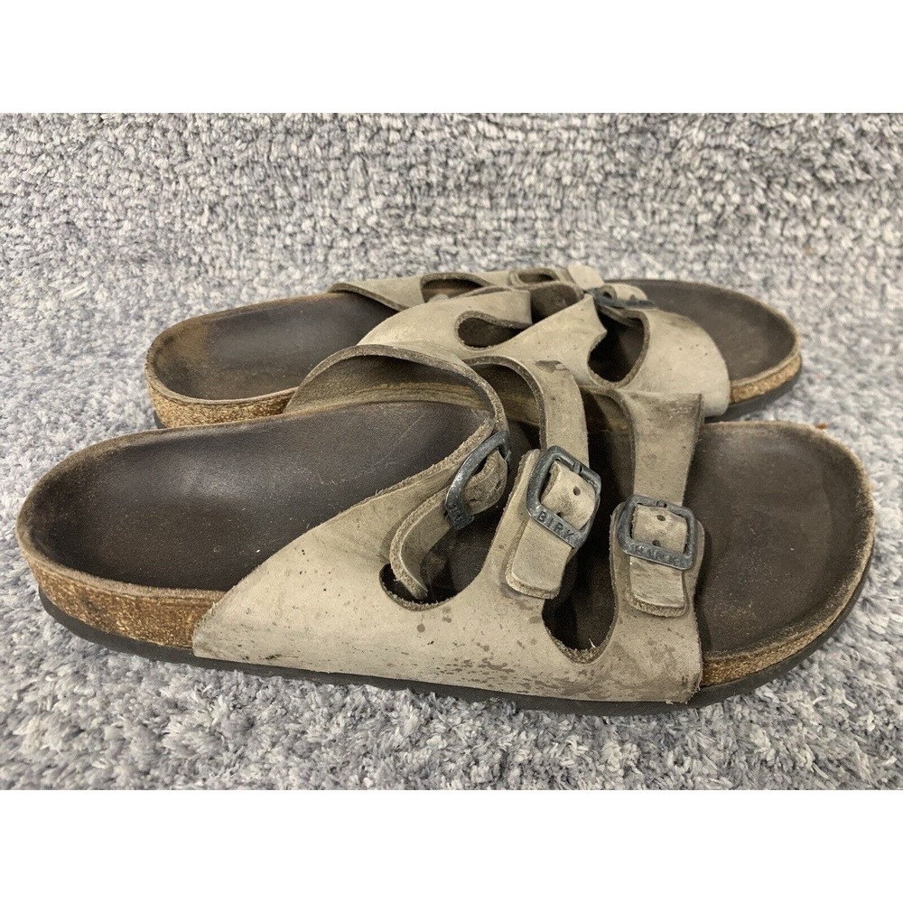 Birkenstock Sandals Unisex Size 7/ 38 Beige‎ Leather Slip On 3 Straps Shoes